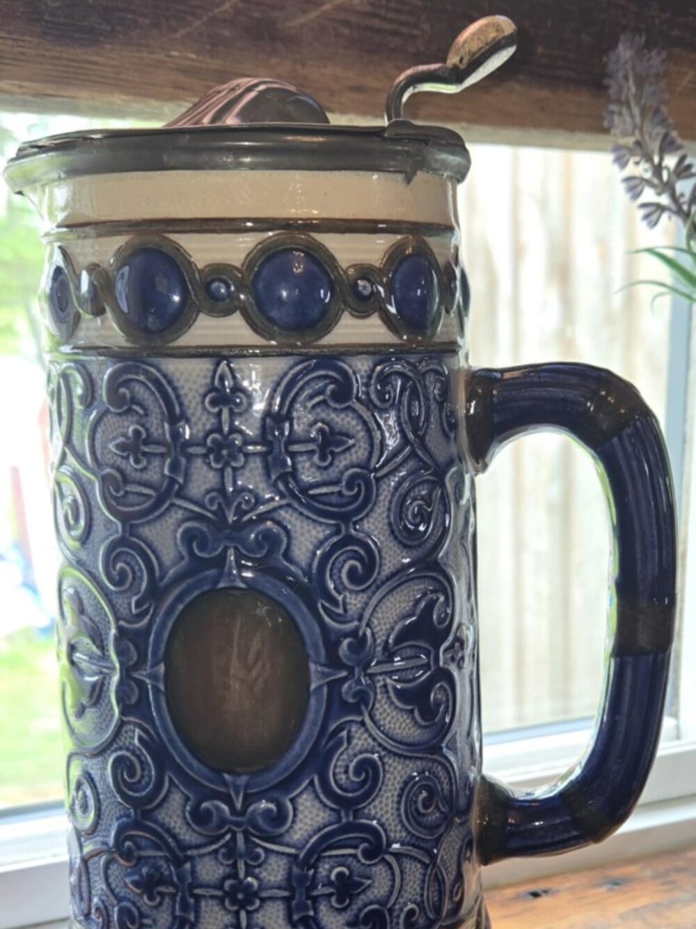 Antique Doulton Style Stoneware Stein/Jug – Reg. Design 1873 – Orig. Pewter Lid